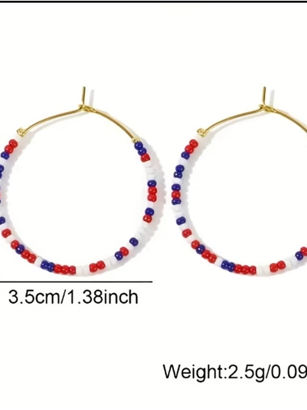 Gold Hoop Earrings with Red, White & Blue Seed Beads - Picture 4 of 4